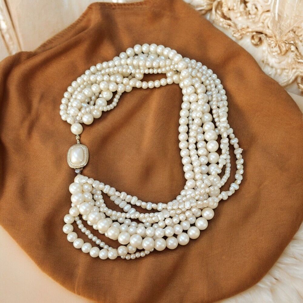 Vintage Richelieu 18" Simulated Faux Pearl 9 Strand Beaded Statement Necklace